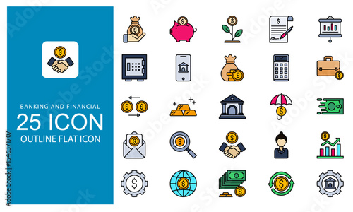Banking and financial Icon Set. Return On Investment and Financial Strategy Outline Flat Icon vector illustration bundle. Business, Banking set of web icons