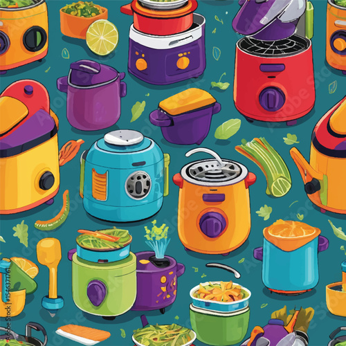 A playful colorful pattern of tiny kitchen devices in bright vector tones. Great for kids packaging, branding, and cheerful content.