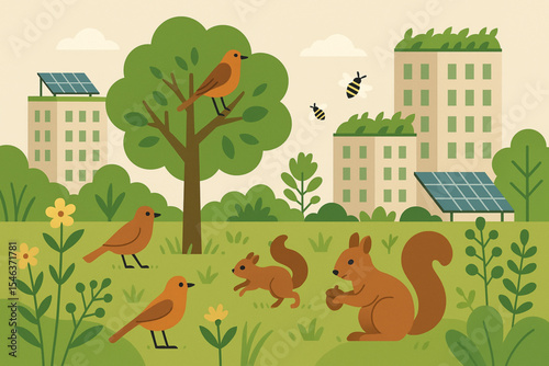 Eco-Friendly Urban Park with Wildlife and Green Buildings — Flat Vector