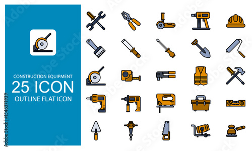 Construction Equipment  Outline Flat icon set. Icon Vector Tool & Instrument Element symbol in outline flat design style.