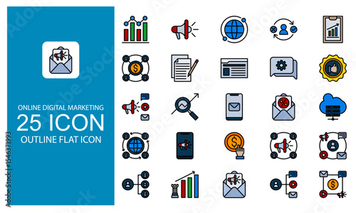 Digital marketing Outline Flat icon set. Digital Marketing web flat icons. Flat web icons set - Search Engine Optimization.