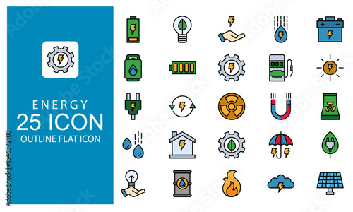 Energy Outline Flat icon set. Icon Vector vrenewable energy, green technology symbol in Outline flat design style.