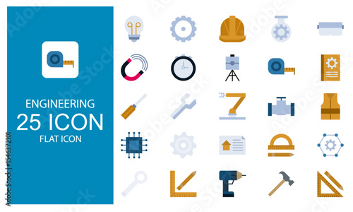Engineering Flat icon set. Engineering and manufacturing symbol in flat design style.