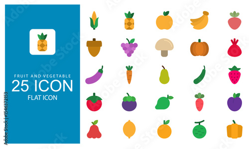 Fruit and Vegetable Flat icon set. Icon Vector Fresh produce of farm, harvest, and agriculture Element symbol in flat design style.