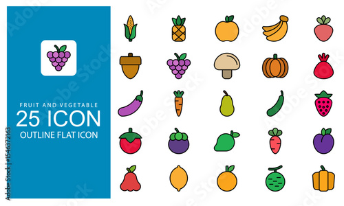 Fruit and Vegetable Outline Flat icon set. Icon Vector Fresh produce of farm, harvest, and agriculture Element symbol in flat design style.