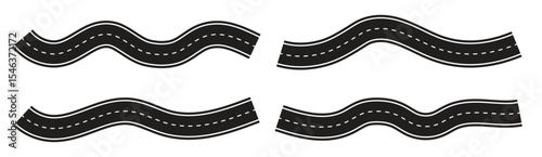 Set of straight and winding streets or ways. Vector in flat style, journey and path for driving and traveling Wavy winding curves roads and horizontal path. Flat vector illustration