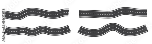 Set of straight and winding streets or ways. Vector in flat style, journey and path for driving and traveling Wavy winding curves roads and horizontal path. Flat vector illustration