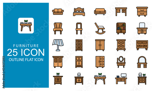 Furniture Outline Flat icon set. Icon Vector Home furniture symbol in Outline flat design style.