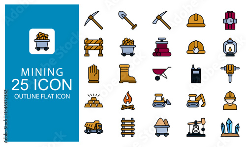 Mining Outline Flat icon set. Icon Vector mining, coal, industry symbol in Outline flat design style.