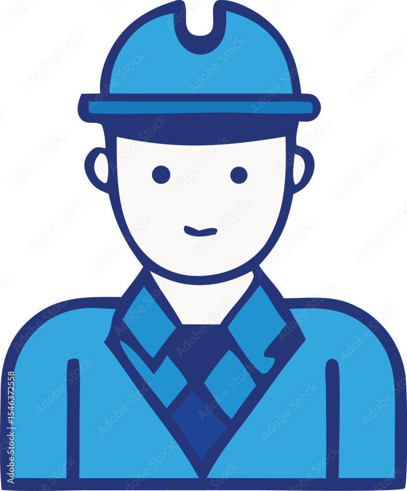 Illustration of a male construction worker wearing a blue hard hat and jacket Illustration of a male construction worker wearing a blue hard hat and jacket