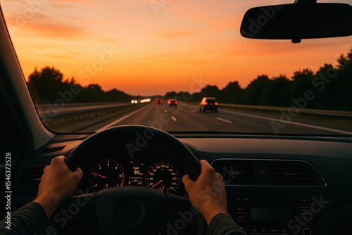 A person is driving a car on a highway at sunset. The sky is orange and the sun is setting. There are other cars on the road, and the driver is focused on the road ahead