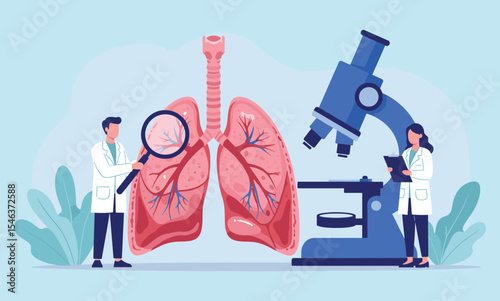 Medical Professionals Examining Lungs and Using Microscope: Respiratory Health Research Illustration flat vector illustration