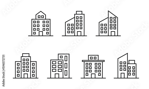 Minimalist line art illustration of six modern buildings with unique architectural styles, perfect for cityscape design, urban planning visuals, or real estate and construction themes.
