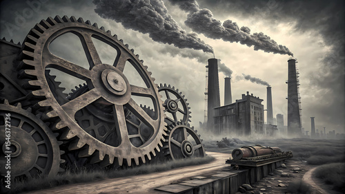Industrial revolution gears steam power smoke stacks factory pollution dystopian landscape concept art