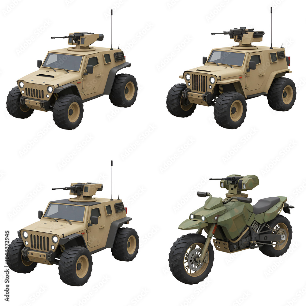 Fototapeta premium Tan armored car and green motorcycle in tactical set