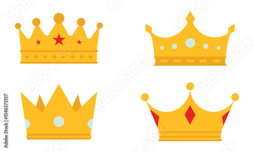 Flat vector illustration of four golden crowns with various shapes and jewel designs, ideal for royalty, king and queen concepts, luxury icons, leadership symbols, or medieval-themed graphics.