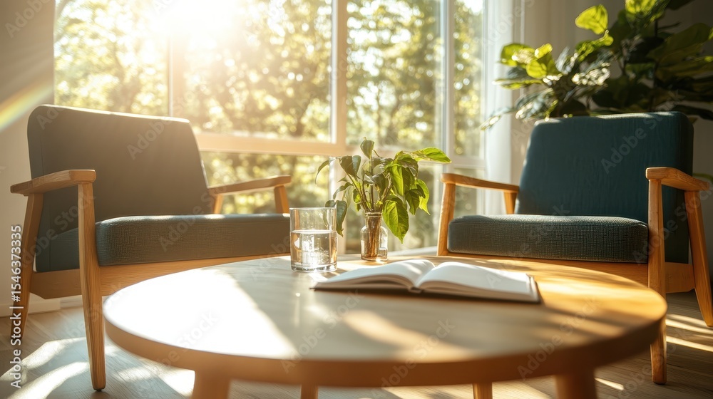 Fototapeta premium A serene and inviting living room basking in morning sunlight, featuring cozy chairs and a calm atmosphere, perfect for relaxation and peaceful moments of tranquility.