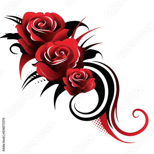 Vibrant red roses are depicted with bold black swirls and accents, creating a striking contrast against a white background. The design combines elegance with artistic flair.