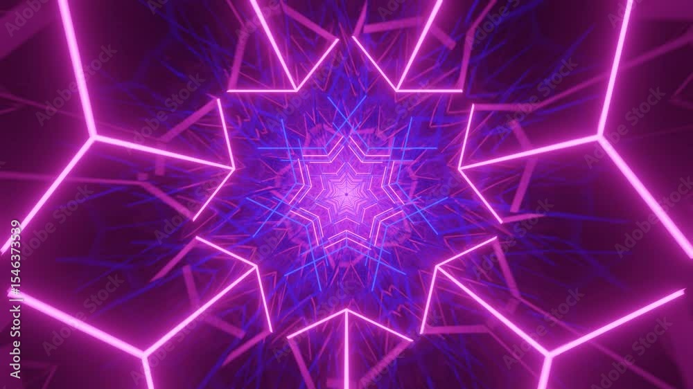 Seamless abstract 3d render of a mirrored tunnel with dual neon glow in acid purple and fuchsia, ideal background for modern video production, VJ sets, and high-contrast visuals