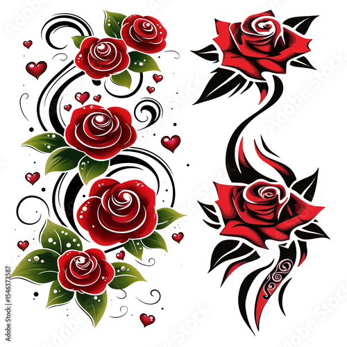 Vibrant red roses are depicted with bold black swirls and accents, creating a striking contrast against a white background. The design combines elegance with artistic flair.