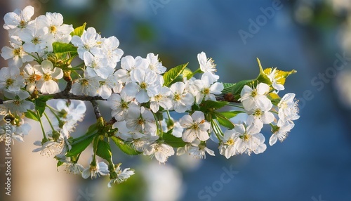 the wild cherry tree is adorned with beautiful white flower clusters during the spring season