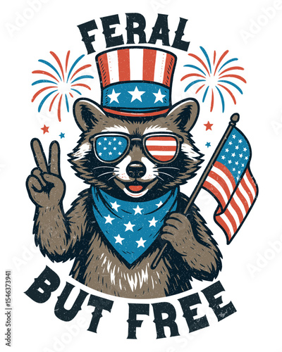 Raccoon with American Flag Bow Feral but Free Illustration, Feral but Free Text Illustration, Happy Independence Day, 4th of July raccoon with American Flag Bow