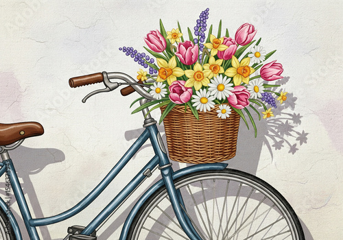 Vintage Bicycle with a Basket of Spring Flowers in a Bright Digital Embroidery Illustration