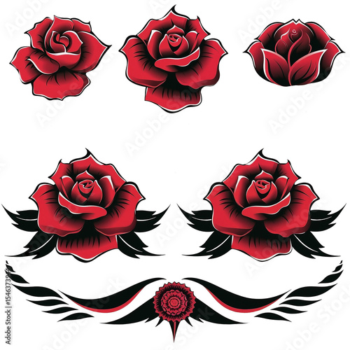 Vibrant red roses are depicted with bold black swirls and accents, creating a striking contrast against a white background. The design combines elegance with artistic flair.