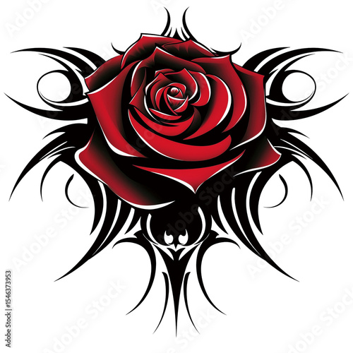 Vibrant red roses are depicted with bold black swirls and accents, creating a striking contrast against a white background. The design combines elegance with artistic flair.