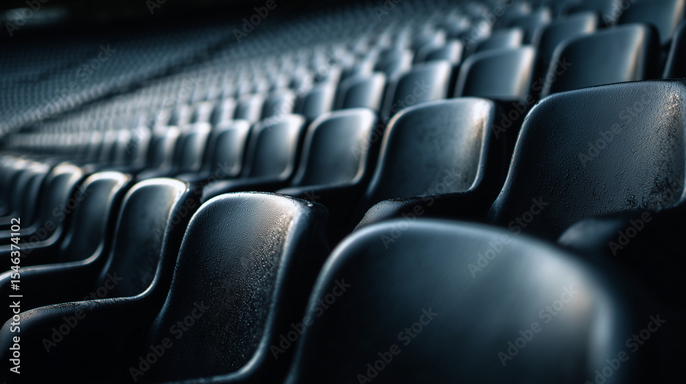 Fototapeta premium Rows of black football stadium seats arranged uniformly. Captures energy, passion, and anticipation of a match day in a vibrant, structured sports environment.
