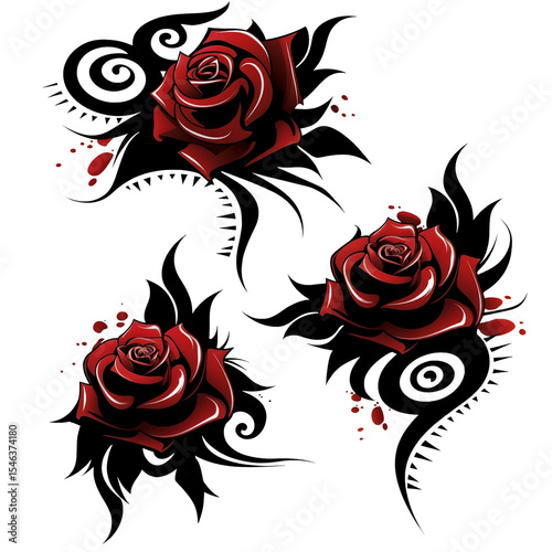 Vibrant red roses are depicted with bold black swirls and accents, creating a striking contrast against a white background. The design combines elegance with artistic flair.