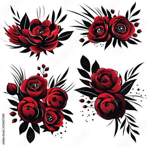 Vibrant red roses are depicted with bold black swirls and accents, creating a striking contrast against a white background. The design combines elegance with artistic flair.