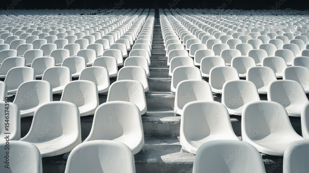 Obraz premium Rows of white football stadium seats arranged in clean formation. Captures minimalism, order, and anticipation in a sports arena setting with a monochrome visual style.