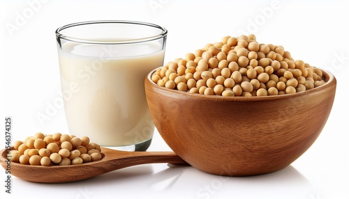 soybeans or soya bean in a wooden bowl and soy milk isolated on white background