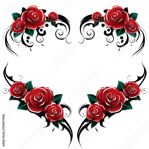 Vibrant red roses are depicted with bold black swirls and accents, creating a striking contrast against a white background. The design combines elegance with artistic flair.
