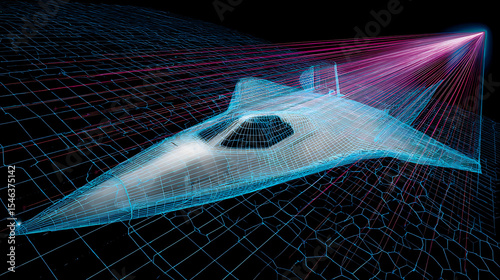 Quantum radar system detecting stealth aircraft with glowing purple particle trails and hexagonal grid overlay, advanced military technology concept with digital visualization.