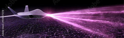 Quantum radar system detecting stealth aircraft with glowing purple particle trails and hexagonal grid overlay, advanced military technology concept with digital visualization.