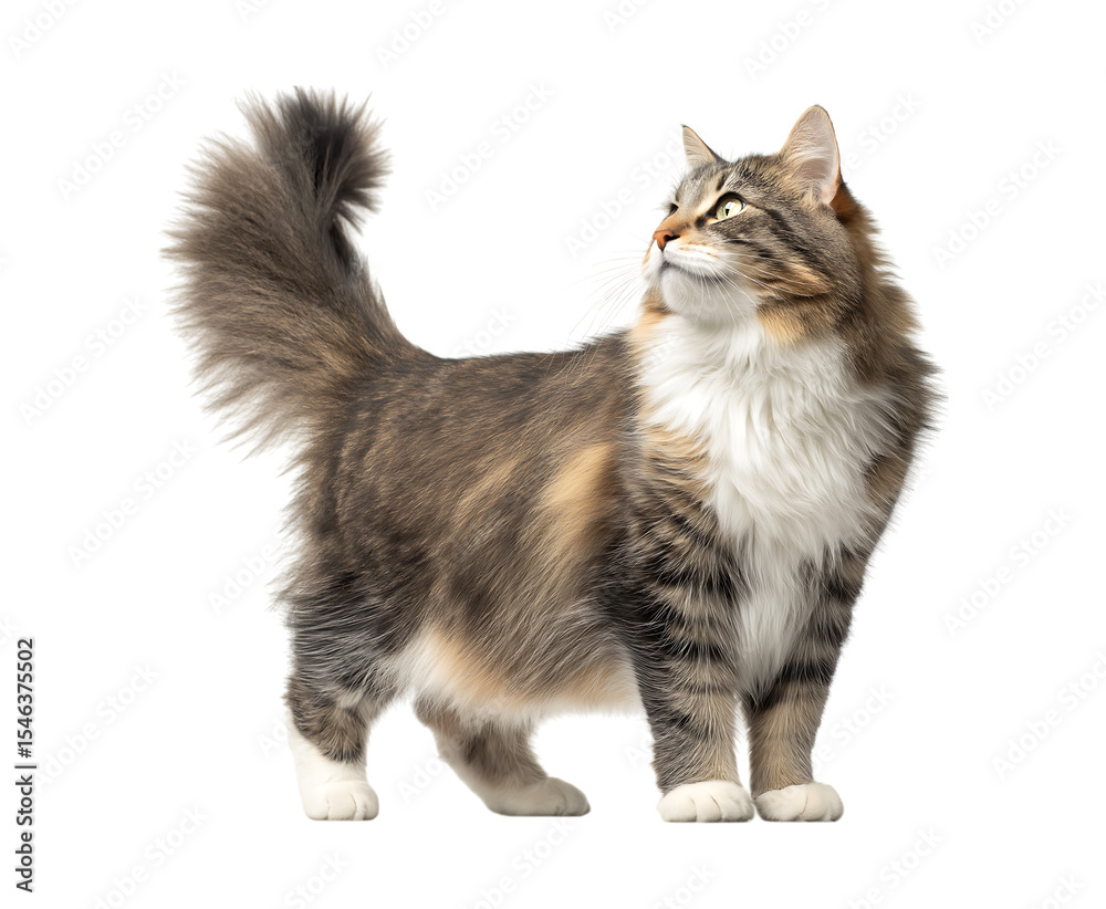 Obraz premium Cute fluffy cat standing in profile, looking up isolated against a transparent background.