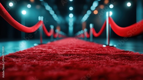 A dramatic shot of a red carpet lined with ropes, inviting guests to a glamorous event, symbolizing prestige and celebration in a stylish setting.