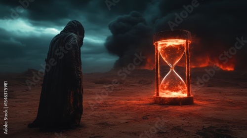 A haunting image of a cloaked figure standing beside a glowing hourglass in a dark and dramatic landscape, symbolizing time, mystery, and the unknown.
