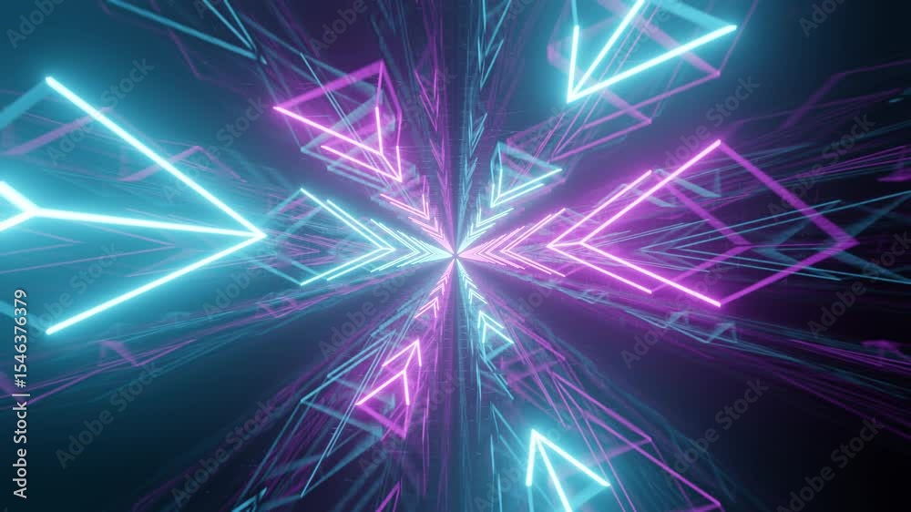Abstract 3d animation of a geometric mirror tunnel glowing with alternating pink and cyan neon lights, seamless looped video for futuristic motion backgrounds and creative visuals