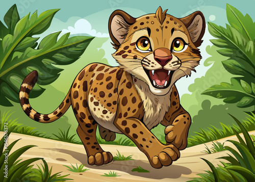 Excited cheetah cub mid-pounce with open mouth in vibrant forest dynamic wildlife vector perfect for energetic designs, animal prints, or children’s illustration themes