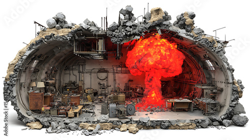 Cutaway view of advanced bunker buster missile penetrating reinforced underground facility with concrete debris and exploding lab equipment, glowing tungsten penetrator and engineering blueprint overl
