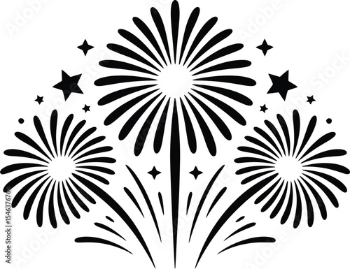 Three black fireworks with stars burst celebration design