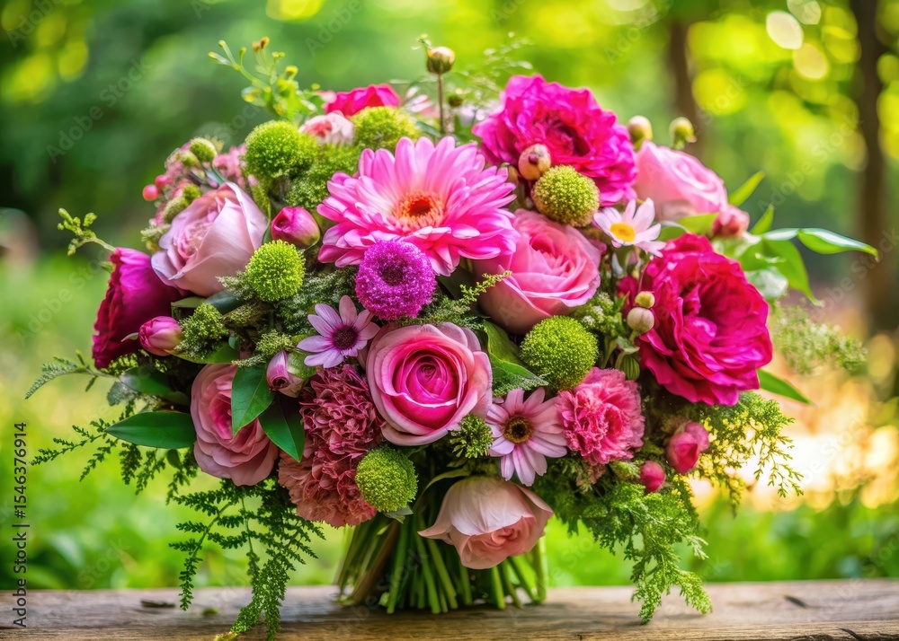 Obraz premium Vibrant pink flowers arranged in a loose bouquet with lush greenery and branches