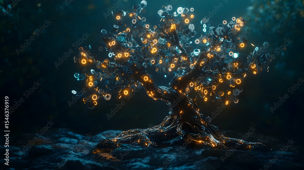 Fototapeta premium Mystical tree with glowing lights in enchanted forest setting