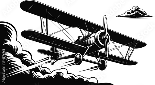 Vintage biplane flying through clouds black and white illustration