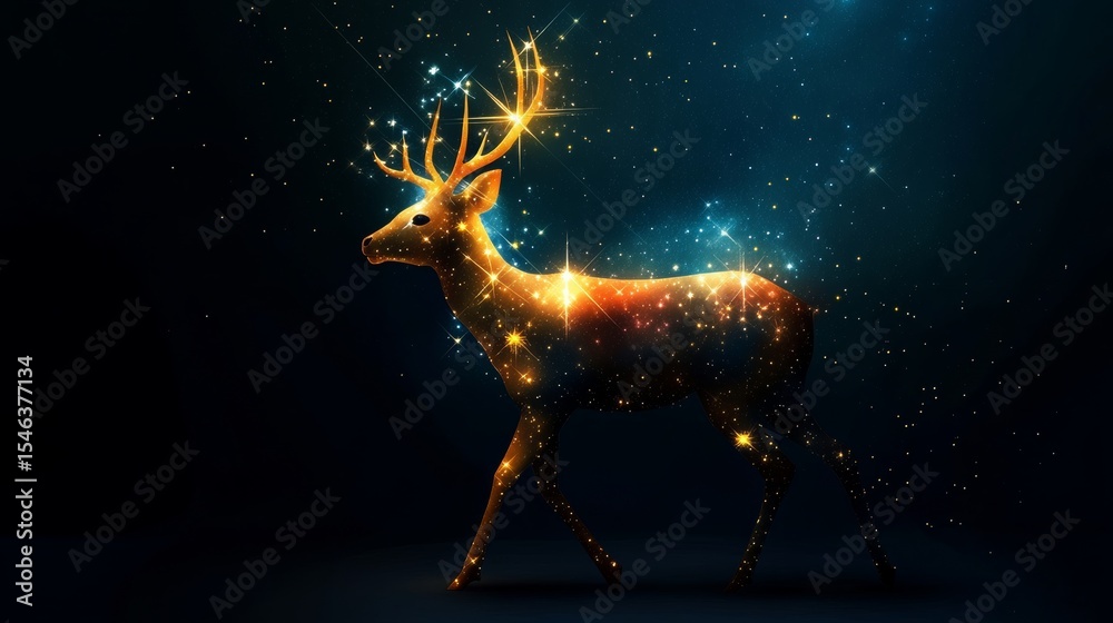 Futuristic cosmic deer with constellation antlers walking across space field Futuristic cosmic deer with constellation antlers walking across space field
