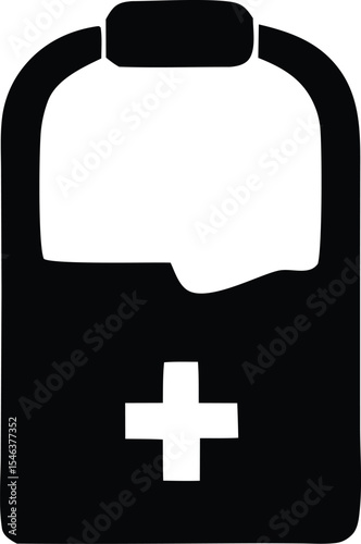 Black and white first aid kit icon with a plus sign