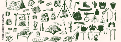 Hand-drawn travel and camping icons set in monochrome style